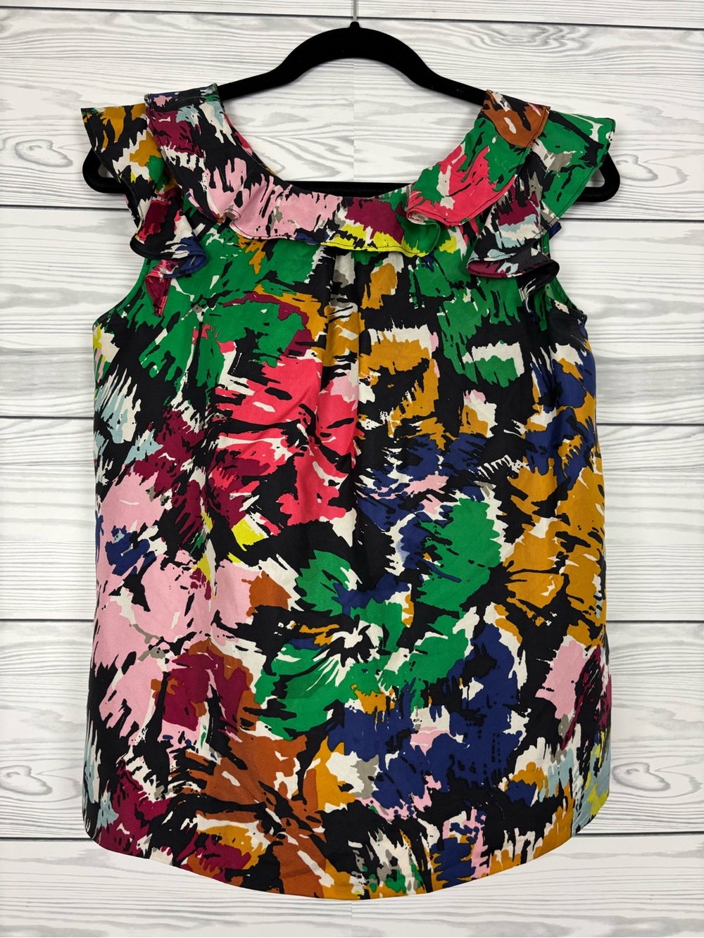 J. Crew silk brushstroke print ruffle neck sleeveless blouse size 8P - Picture 2 of 9